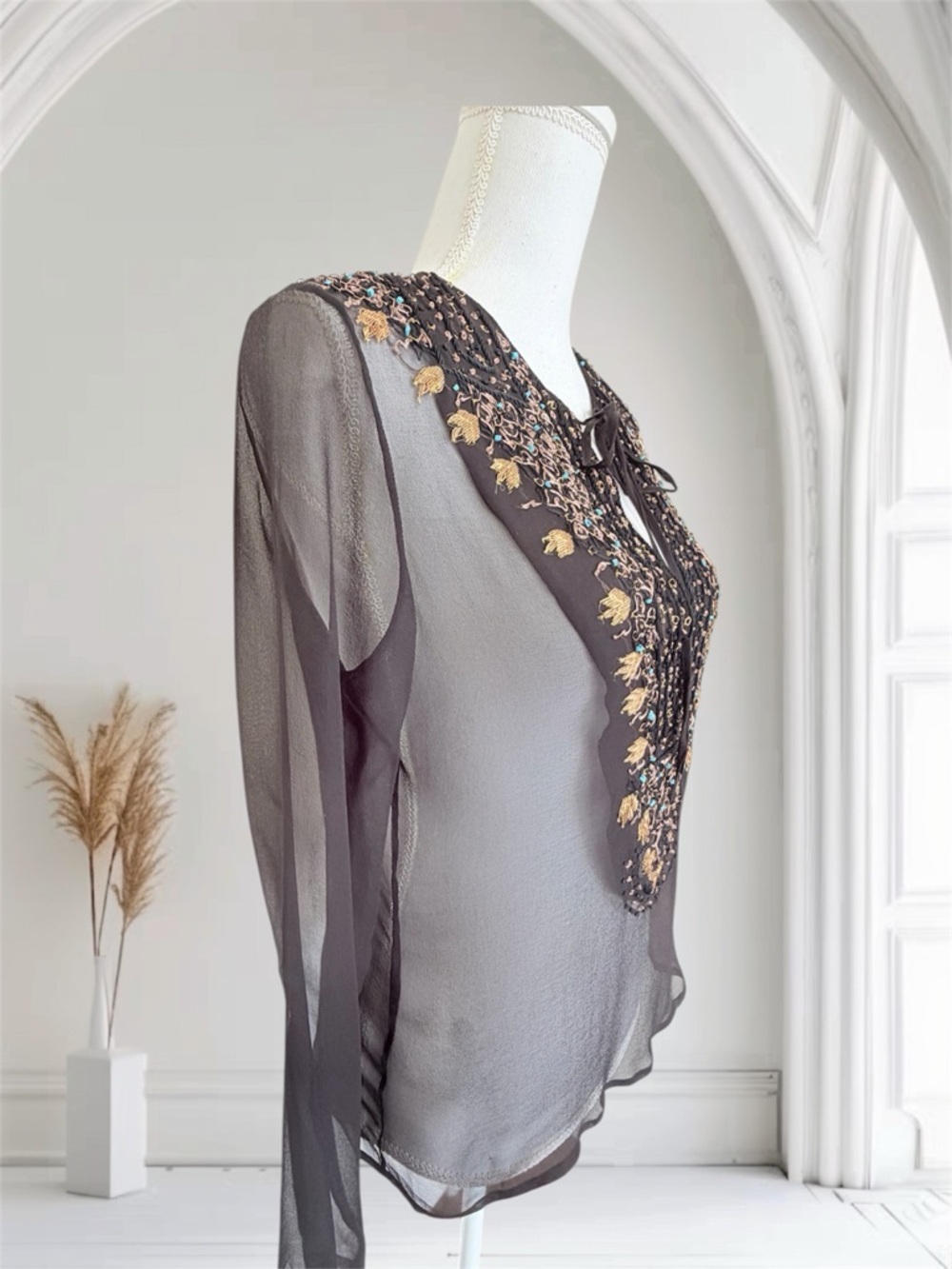 Lapetina & Lomeli 100% Silk Beaded Boho Tunic Top - Medium - Picture 2 of 15